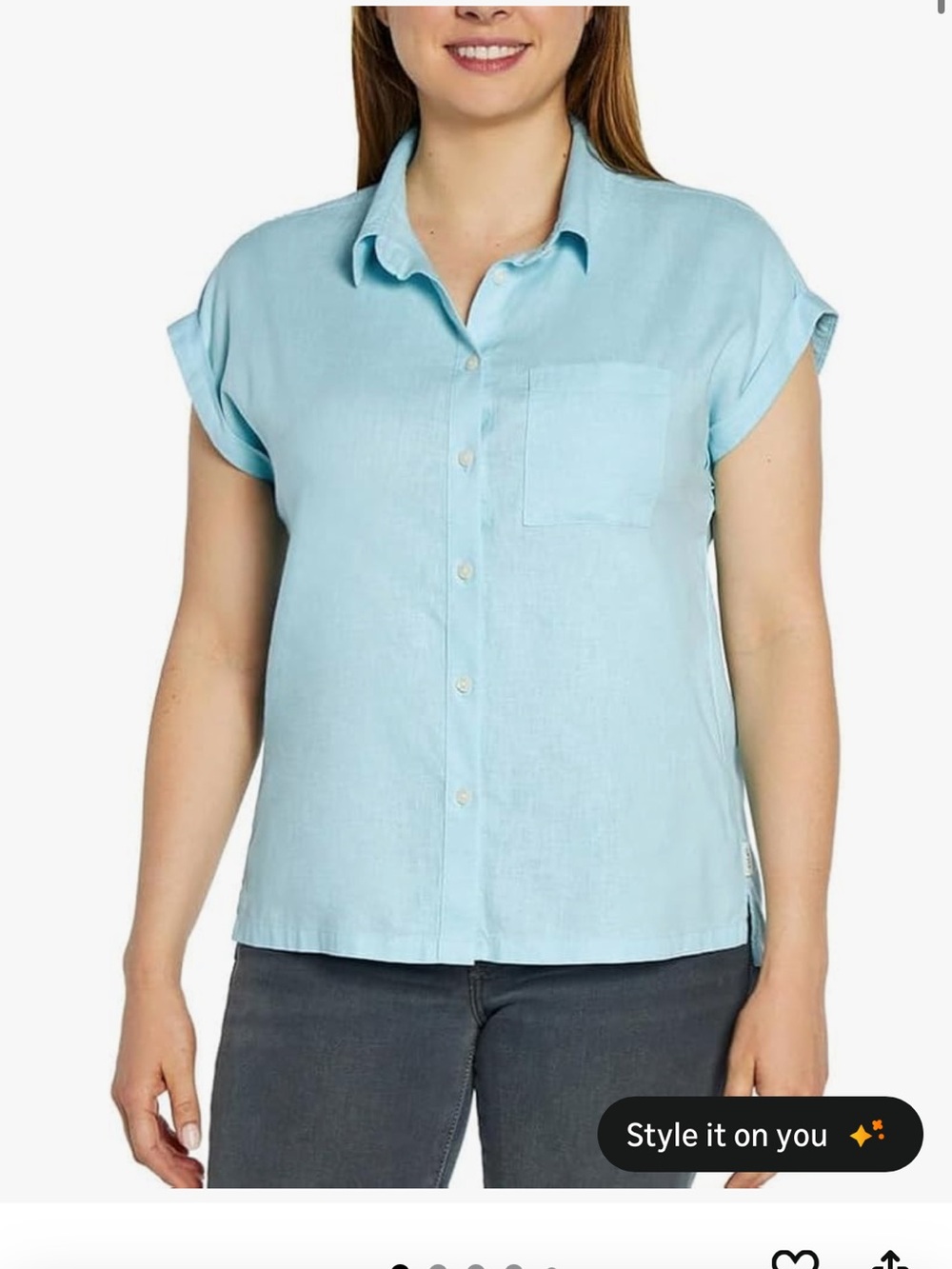 2 ORVIS blouses Light Blue and white Women's Short-Sleeve Button Front Top
